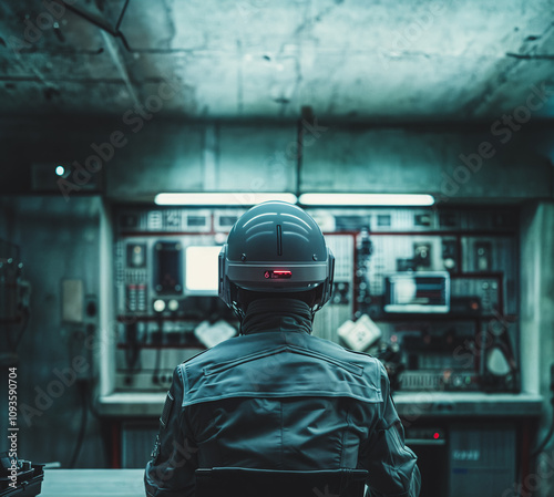 View of an old computer console with a government soldier wearing a helmet sitting on a chair monitoring the connections in a secret underground bunker. photo