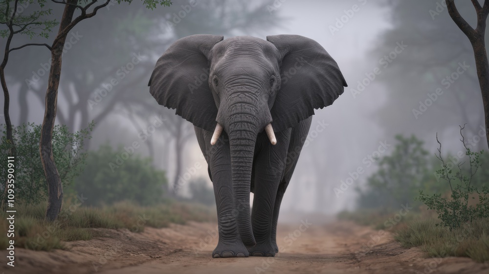 Obraz premium An African elephant walking through a mist-shrouded forest. The elephant walks along a dirt path with trees on both sides of it. The background is blurred, with large trees and an atmosphere of fog.