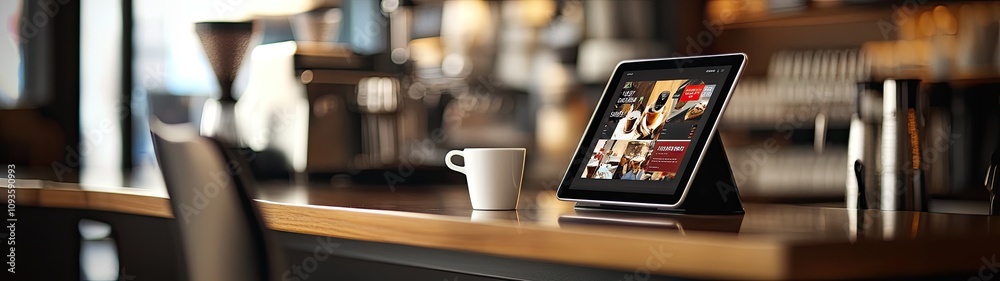 Tablet Displaying Coffee Shop Menu In Cafe Setting Tablet Displaying Coffee Shop Menu In Cafe Setting