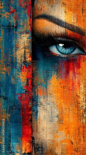 A close up of a woman's eye with a colorful background