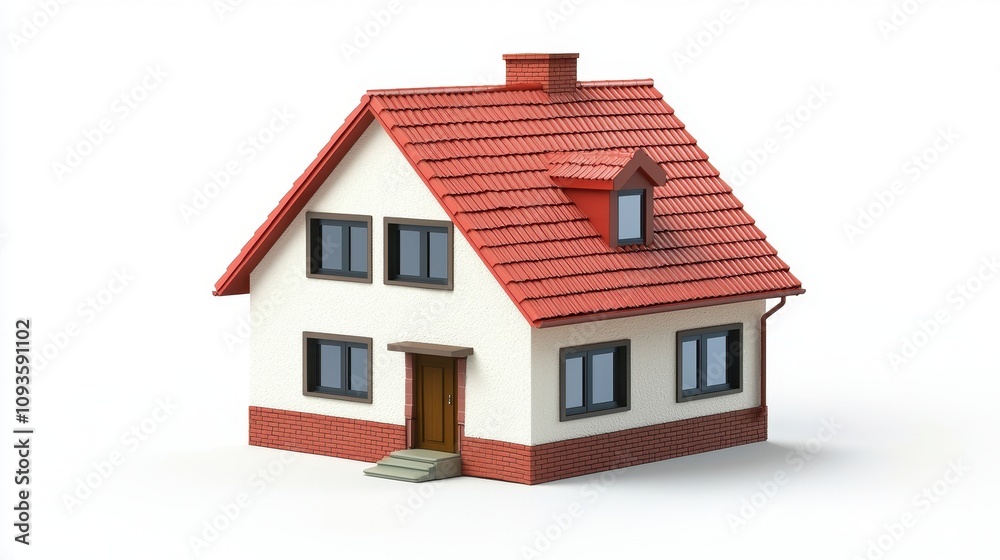 Charming Two-Story House with Red Roof and White Exterior, Ideal for Family Living, Featuring Windows, Front Door, and Steps for Easy Access and Aesthetic Appeal Charming Two-Story House with Red Roof and White Exterior, Ideal for Family Living, Featuring Windows, Front Door, and Steps for Easy Access and Aesthetic Appeal