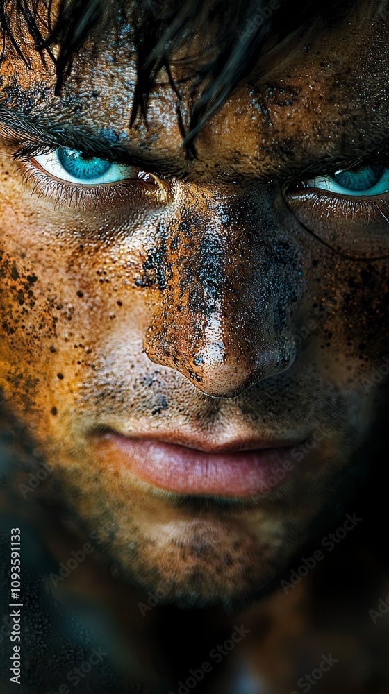 A close up of a man's face covered in mud A close up of a man's face covered in mud