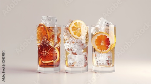 A trio of glasses filled with different soda flavors--cola, orange, and lemon--set against a clean white background with a subtle gradient. The ice cubes and rising bubbles add a lively touch.