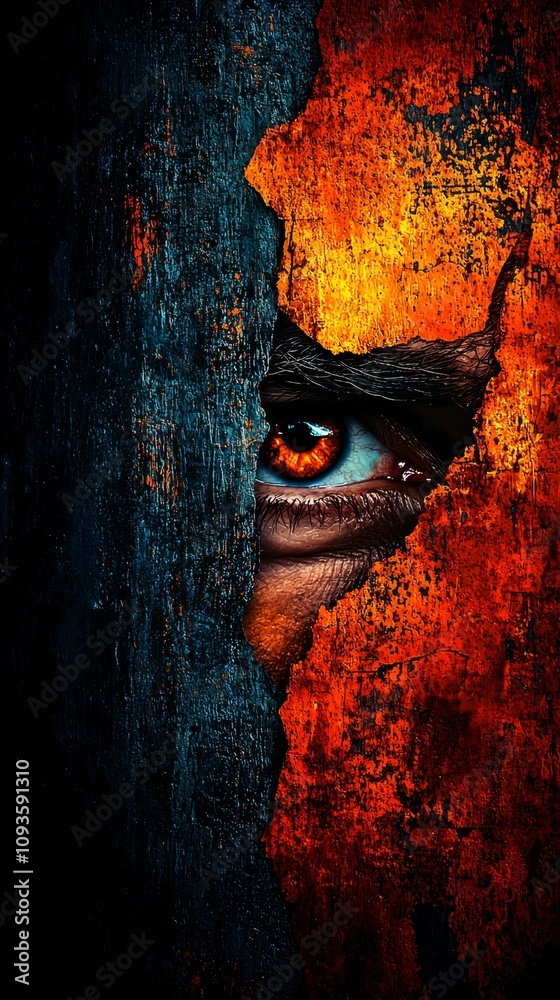Obraz premium A close up of a person's eye peeking out of a hole in a wall