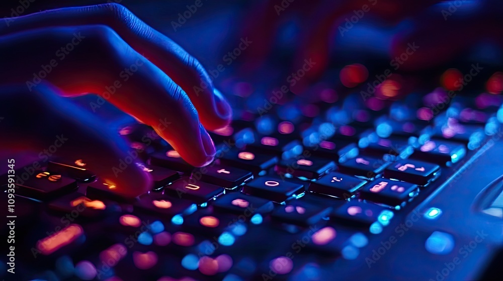 Close-up of hands typing on illuminated keyboard. Close-up of hands typing on illuminated keyboard.