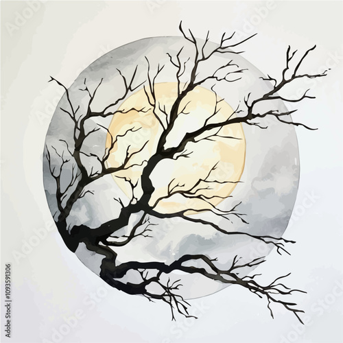 A watercolor vector of Full Moon with Dead Branches, isolated on a white background. Full Moon with Dead Branches vector.