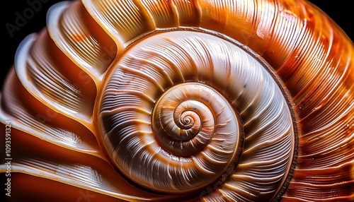 Intricate Close-Up of a Golden Spiral Seashell Capturing the Stunning Fibonacci Sequence in Nature’s Design for Artistic Inspiration, Science Education, and Conceptual Symbolism photo