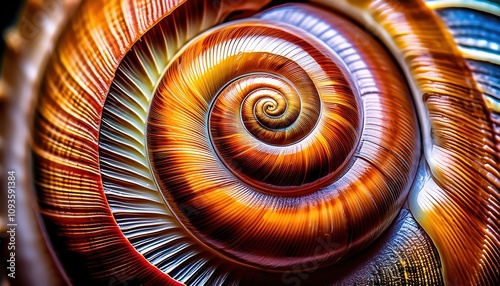 Intricate Close-Up of a Golden Spiral Seashell Capturing the Stunning Fibonacci Sequence in Nature’s Design for Artistic Inspiration, Science Education, and Conceptual Symbolism photo