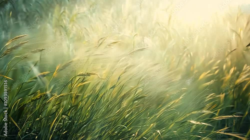 A soft breeze rustles tall grass blades on a misty morning, Whispers of wind rustling the grass