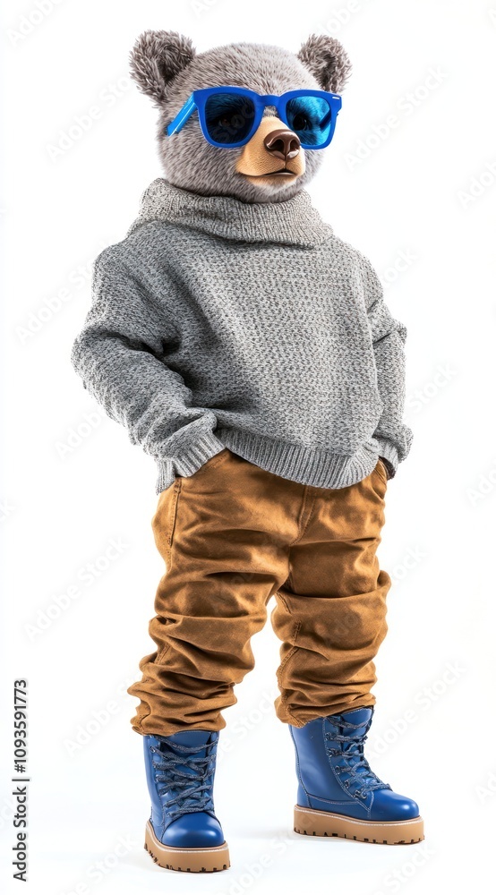 A bear in sunglasses and casual clothing, posing stylishly with confidence. A bear in sunglasses and casual clothing, posing stylishly with confidence.
