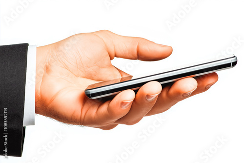 Hand holding Smartphone as png photo and isolated on white background for your mobile phone app or web site design, logo Global Business technology