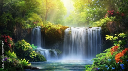 Serene Waterfall in Lush Tropical Paradise: A Tranquil Escape into Nature's Embrace