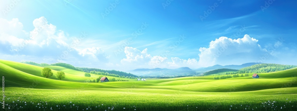 A serene landscape featuring rolling green hills, blue skies, and fluffy white clouds. A serene landscape featuring rolling green hills, blue skies, and fluffy white clouds.