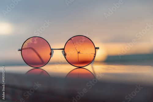 Pink sunglasses with cracked glass lie on the parapet of the promenade against the setting sun. The concept of a day, a year, a life coming to an end with the realization that there was a deception.