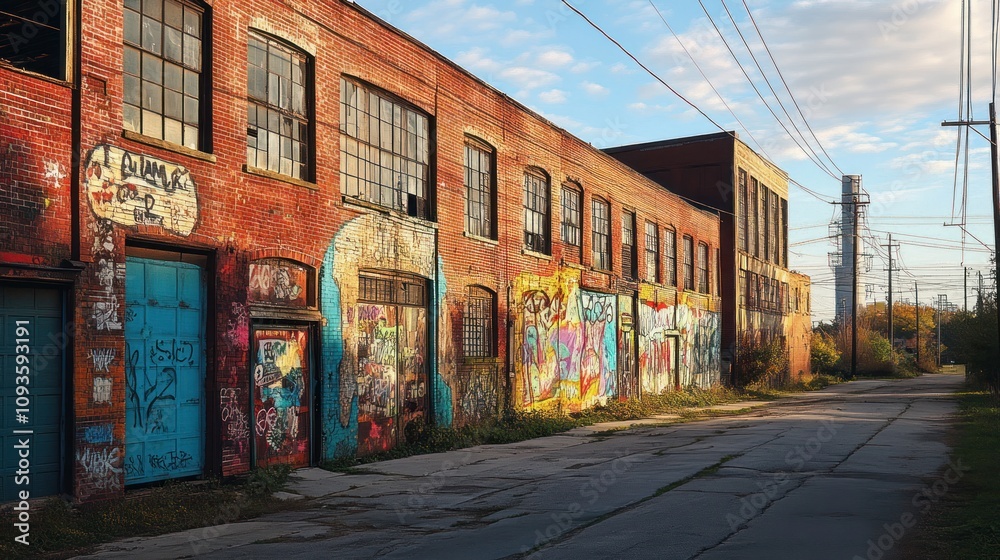 Fototapeta premium Urban Graffiti Alley: Sunlit Brick Buildings and Vibrant Street Art