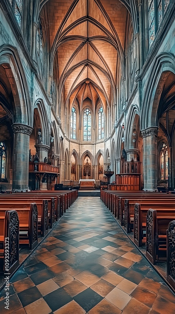 Obraz premium Majestic Gothic cathedral interior with vaulted ceiling and checkered floor. Empty medieval church with wooden pews and stained glass windows. Religious architecture and sacred space for worship