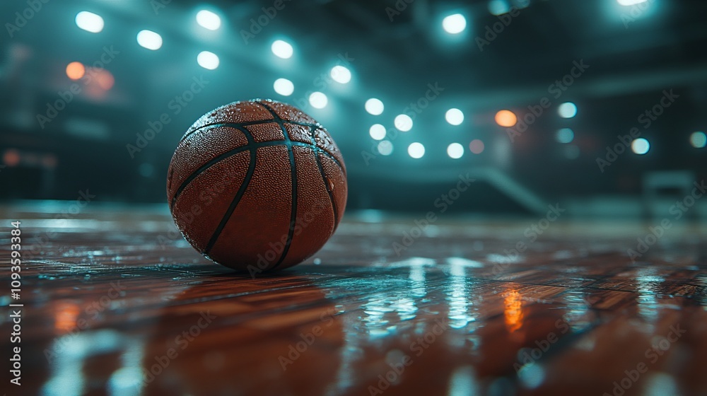 A lone basketball rests on a wet court, captured in detail to emphasize texture, light reflection, and the serene atmosphere of an indoor sports setting. A lone basketball rests on a wet court, captured in detail to emphasize texture, light reflection, and the serene atmosphere of an indoor sports setting.