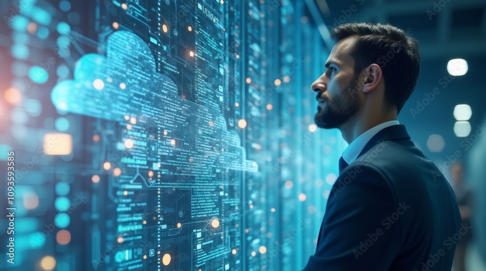 Fototapeta premium A double exposure illustration of a business leader looking towards the future, with a mix of cloud data center infrastructure and AI technology patterns overlaid 
