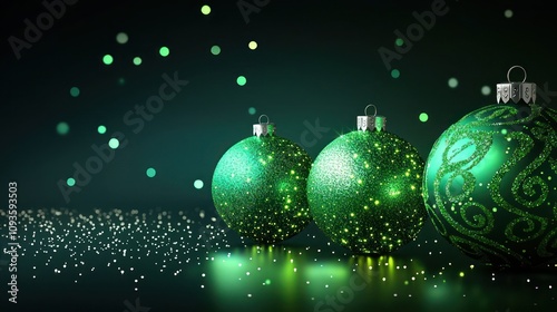 Vibrant green ornaments with minimal patterns, glowing softly, staggered on a dark background, rule of thirds