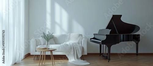 Grand piano in minimalist living room with white couch, wooden floor, and sheer curtains.