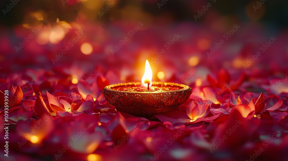 A beautifully lit diya lamp centered within an array of vibrant red rose petals, symbolizing enlightenment and celebration during festive occasions. A beautifully lit diya lamp centered within an array of vibrant red rose petals, symbolizing enlightenment and celebration during festive occasions.