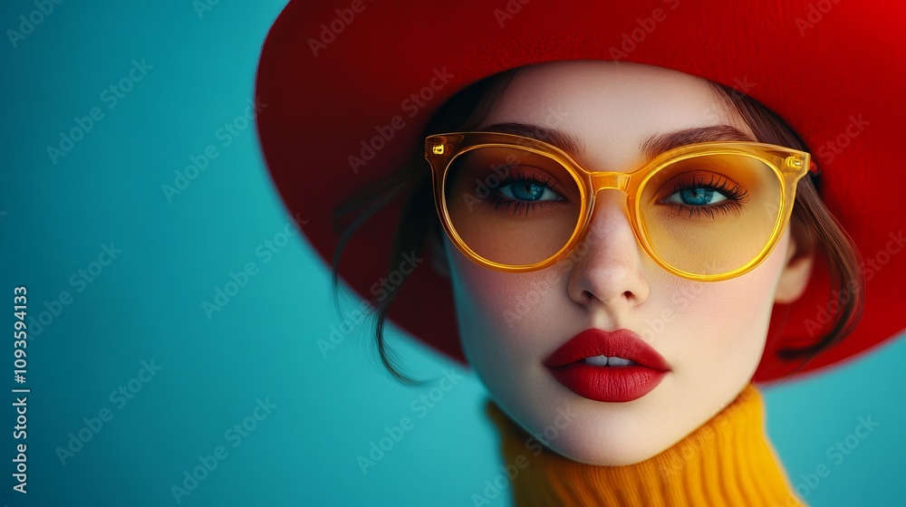 A fashion-forward portrait of a woman wearing an eye-catching red wide-brimmed hat and yellow sunglasses, exuding confidence and bold style against a blue backdrop. A fashion-forward portrait of a woman wearing an eye-catching red wide-brimmed hat and yellow sunglasses, exuding confidence and bold style against a blue backdrop.