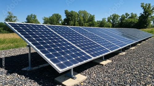 A line of solar panels installed in a field harnesses sunlight for renewable energy production, set against a backdrop of clear blue skies and green trees. photo