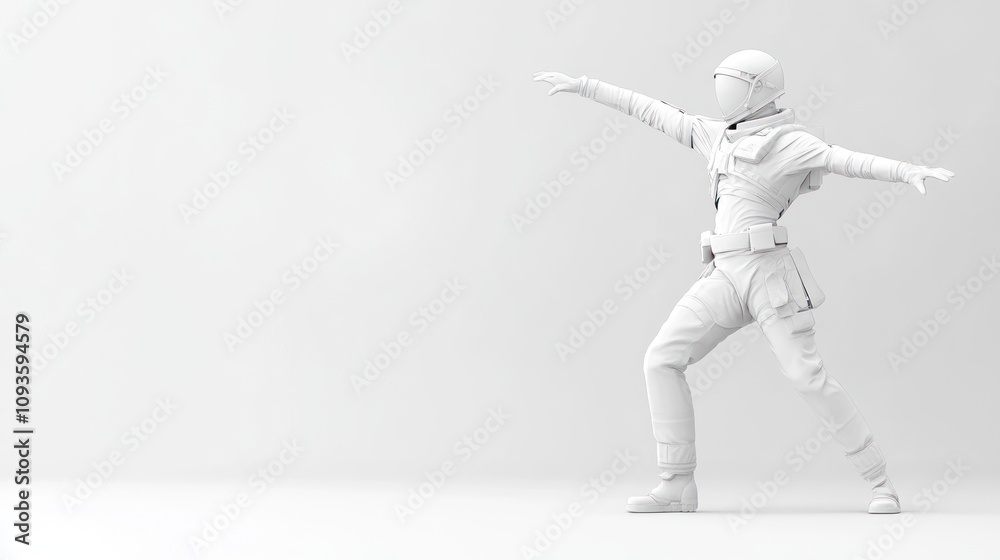 A white-clad figure poses dynamically against a minimalist background. A white-clad figure poses dynamically against a minimalist background.