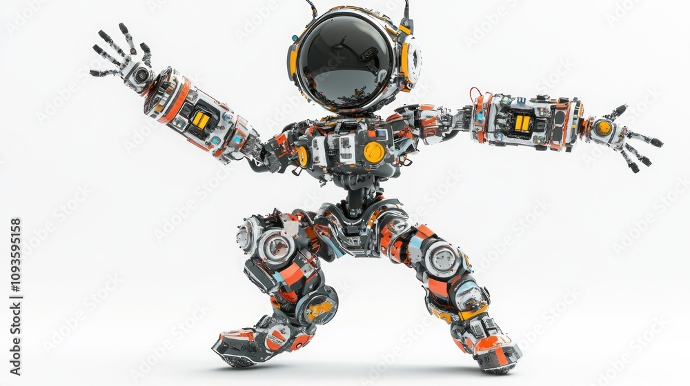 A futuristic robot character in a dynamic pose, showcasing intricate mechanical design. A futuristic robot character in a dynamic pose, showcasing intricate mechanical design.