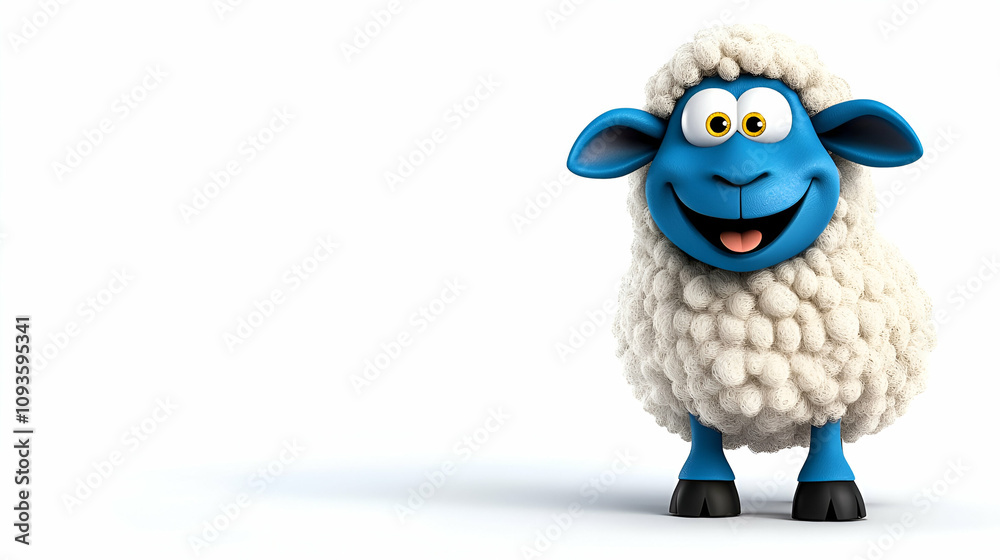 Naklejka premium A cheerful blue sheep character with a fluffy white body and an inviting smile, set against a simple, light background.