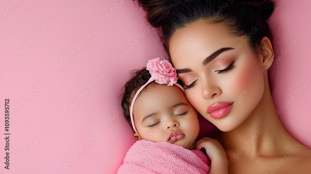 A serene moment of a mother and her sleeping baby, both radiating love and tenderness against a soft pink background. A serene moment of a mother and her sleeping baby, both radiating love and tenderness against a soft pink background.