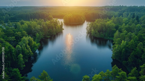 Breathtaking sunrise over tranquil lake surrounded by lush green forests in the early morning light. Generative AI