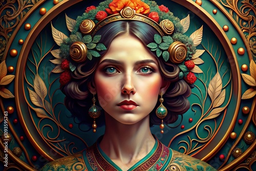 Stunning Art Nouveau and Art Deco Inspired Portrait Photography with Psychedelic Colors and Retro Shapes, Perfect for Frames, Covers, Backgrounds, and Poster Templates