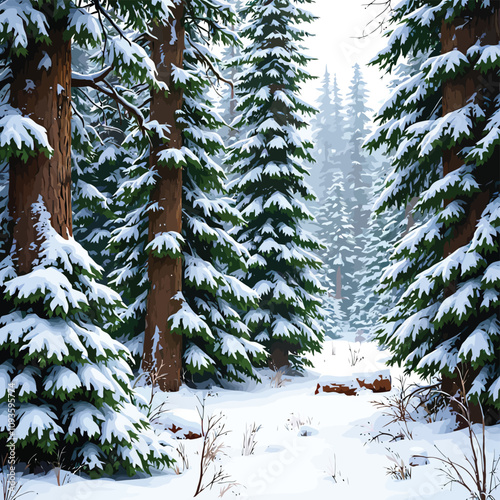 a snowy scene of a forest with a path through the...