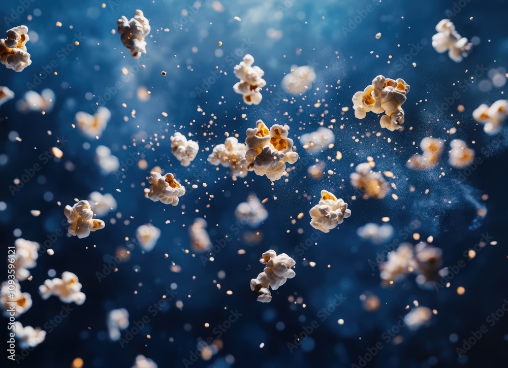 National Popcorn Day. Popcorn background with text space for your message or advertising, flying popcorn on a blue backdrop. National Popcorn Day. Popcorn background with text space for your message or advertising, flying popcorn on a blue backdrop.