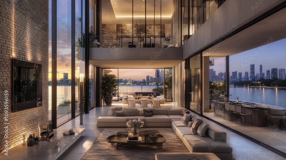 Luxurious modern living room with large windows and scenic waterfront view.