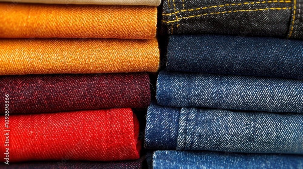 A stack of colorful fabric and denim jeans. Close up, abstract image of textures. A stack of colorful fabric and denim jeans. Close up, abstract image of textures.