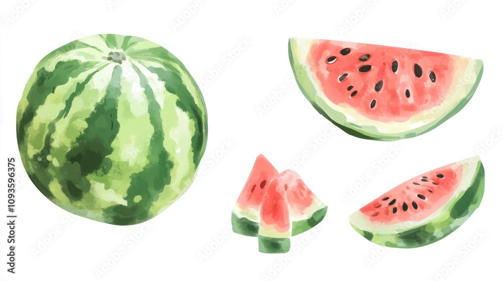 A watercolor illustration of a whole watermelon and various sliced pieces. A watercolor illustration of a whole watermelon and various sliced pieces.