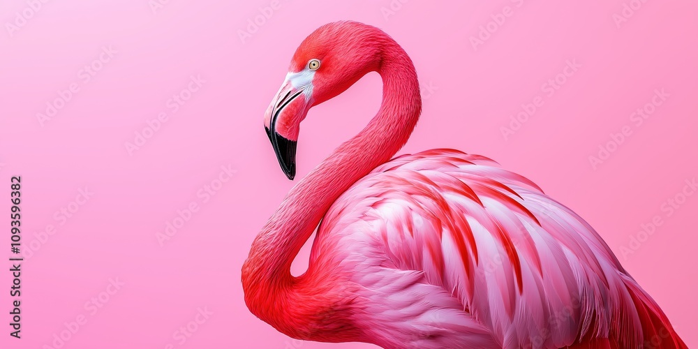Fototapeta premium A striking pink flamingo gracefully posed against a vibrant backdrop.