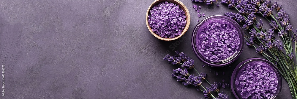 A collection of lavender bath products set against a backdrop. A collection of lavender bath products set against a backdrop.