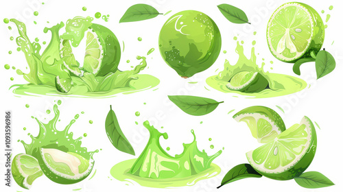 painting set of green limes splashing on white background