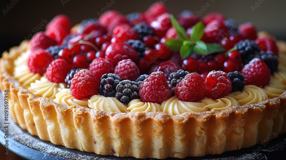 Delightful berry tart topped with fresh raspberries and blackberries on a rustic table. Generative AI Delightful berry tart topped with fresh raspberries and blackberries on a rustic table. Generative AI