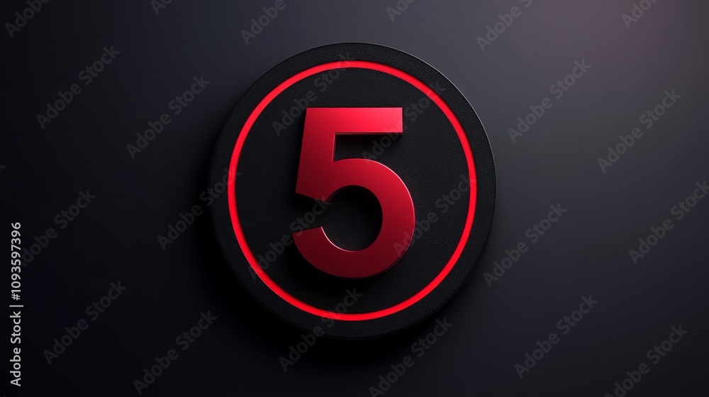 A sleek black circular emblem prominently showcases a red number five centered within, exuding a modern, minimalist aesthetic with a powerful and dynamic presence.