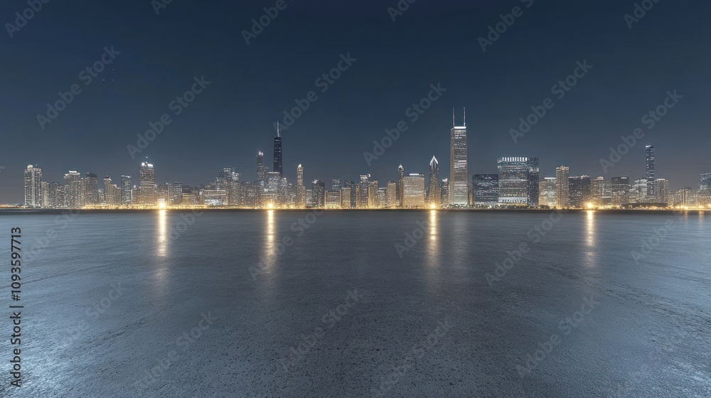 Nighttime skyline of a city with illuminated buildings reflecting on water. Nighttime skyline of a city with illuminated buildings reflecting on water.