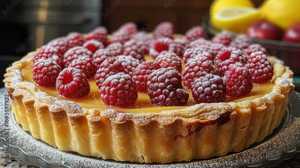 Delicious raspberry tart with a rich lemon filling displayed on a kitchen counter surrounded by fresh fruits. Generative AI Delicious raspberry tart with a rich lemon filling displayed on a kitchen counter surrounded by fresh fruits. Generative AI