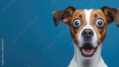 Surprised Dog With Wide Eyes Against a Blue Background