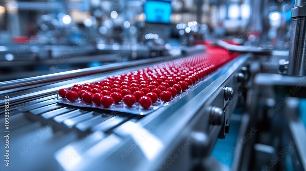 Obraz premium An industrial setting shows an automated factory line with red spherical products being processed, symbolizing efficiency and modern manufacturing processes.