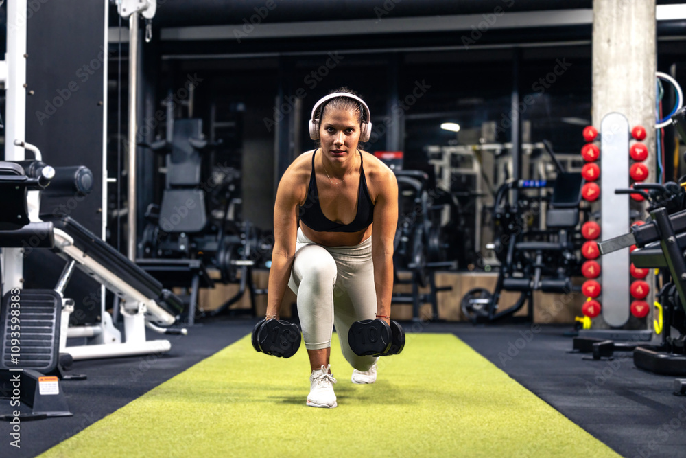 Female athlete training hard using dumbbell weights in the gym. Female athlete training hard using dumbbell weights in the gym.