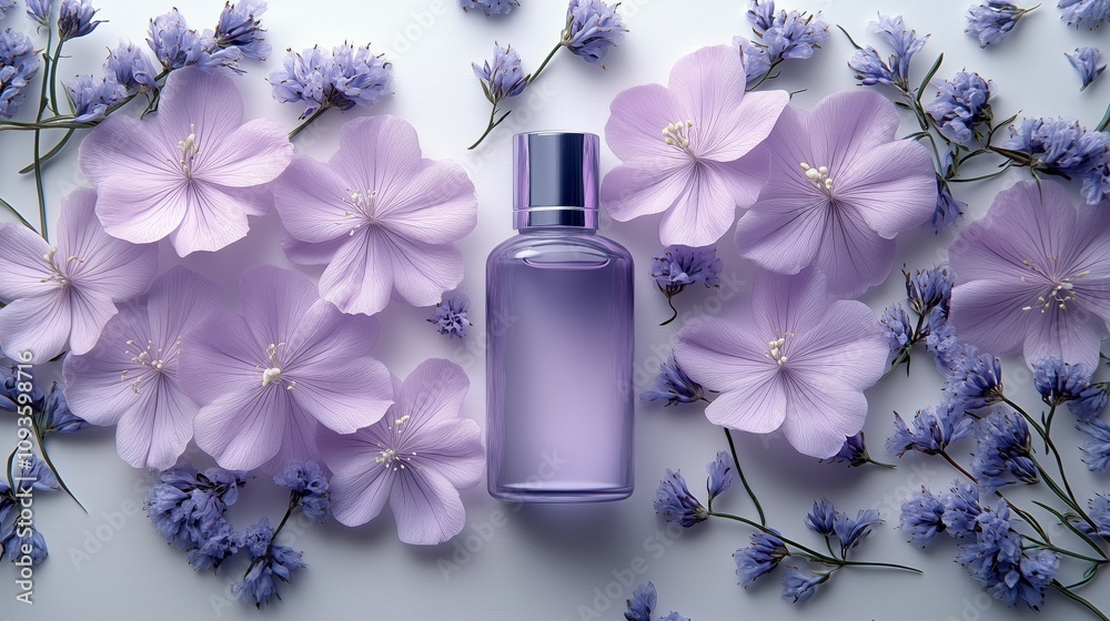 Elegant Floral Perfume Bottle with Lavender Blooms Surrounding It Elegant Floral Perfume Bottle with Lavender Blooms Surrounding It