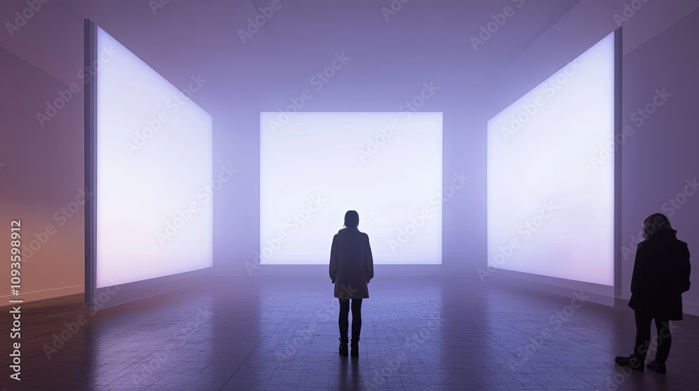 Two Figures Observe Illuminated Panels In Modern Gallery Two Figures Observe Illuminated Panels In Modern Gallery